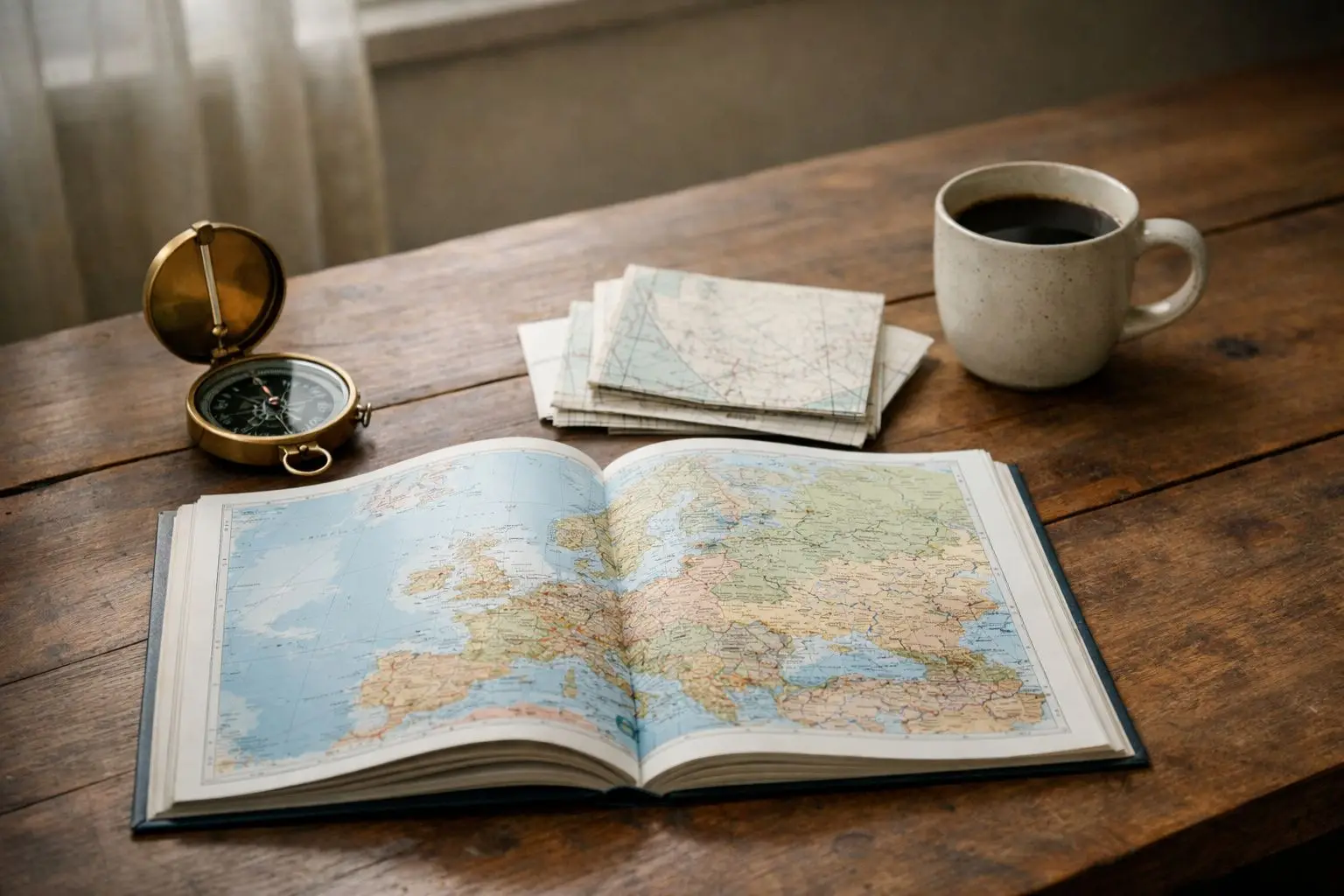 An open atlas with a brass compass and folded paper charts on a wooden desk.